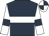 Dark blue, white hoop, white sleeves, dark blue armlets, quartered cap