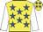 Yellow, royal blue stars, white sleeves, yellow cap, royal blue stars