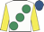 White, large emerald green spots, yellow sleeves, royal blue cap