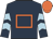 Dark blue, orange hollow box, dark blue and light blue chevrons on sleeves, orange cap