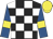 Black and white check, royal blue sleeves, yellow armlets, yellow cap