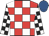 Red and white check, black and white check sleeves, royal blue cap