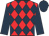 red, dark blue diamonds, dark blue sleeves and cap