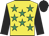 Yellow, emerald green stars, black sleeves and cap