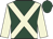 Dark green body, beige cross sashes, beige sleeves, dark green cap