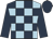 light blue, dark blue checks, dark blue arms, dark blue cap