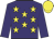 Purple, yellow stars, purple sleeves, yellow cap