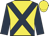Yellow, dark blue cross sashes & sleeves, yellow cap