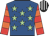 Royal blue, light green stars, red & orange hooped sleeves, black & white striped cap