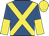 Royal blue, yellow crossed sashes, royal blue and yellow halved sleeves, yellow cap