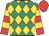 Emerald and gold checked diamonds, red and gold hooped sleeves, red cap