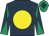 Dark blue, yellow disc, dark blue and emerald green diabolo on sleeves, emerald green cap, dark blue diamond