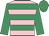 Pink, emerald green hoops, emerald green sleeves, emerald green cap, pink spot