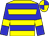 Yellow body, big-blue hooped, big-blue arms, yellow armlets, yellow cap, big-blue quartered