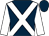 Dark blue, white cross sashes, white sleeves, dark blue cap
