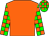 orange, green and orange checked sleeves and cap