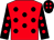 Red, black spots, black sleeves, red spots, black cap, red spots