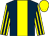 Dark blue, yellow stripe, yellow and dark blue striped sleeves, yellow cap