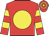 Red, yellow disc, hooped sleeves and cap