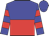 blue and red halved horizontally, blue sleeves, red hoops, blue cap
