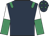 Dark blue, emerald green epaulets, white and emerald green halved sleeves, dark blue cap, emerald green stars