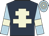 Dark blue, beige cross of lorraine, light blue sleeves, beige armlets, light blue and beige hooped cap