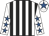 White and black stripes, white sleeves, royal blue stars, white cap, royal blue star