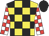 Yellow and black check, white and red check sleeves, black cap