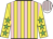 Yellow, pink stripes, yellow sleeves, lime green stars, white and pink striped cap
