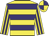 Yellow body, purple hooped, yellow arms, purple striped, yellow cap, purple quartered
