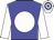 Blue body, white disc, white arms, white cap, blue hooped