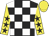 Black and white checks, yellow sleeves, black stars, yellow cap