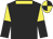 Black, yellow collar, yellow and black halved sleeves, quartered cap