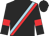 Black, light blue, dark blue, red sash, black sleeves,red and light blue armbands, black cap