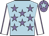 Light blue, mauve stars, white sleeves, mauve seams, mauve cap, light blue star