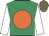 Emerald green, orange disc, white sleeves, emerald green & orange striped cap