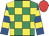 Emerald green & yellow check, royal blue & yellow hooped sleeves, red cap