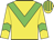 Yellow body, green chevron, yellow arms, green chevron, yellow cap, green striped