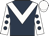 Dark blue, white chevron, white sleeves, dark blue spots, white cap