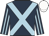 Dark blue, light blue cross sashes, striped sleeves, white cap
