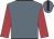 Saxe blue, black stripe on cap, scarlet sleeves
