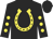 Black, yellow horseshoe, black sleeves, yellow spots, black cap