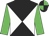 Black and white quartered diagonally, lime green sleeves, black and lime green quartered cap