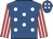 Royal blue, white spots, red and white striped sleeves, royal blue cap, white spots