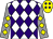 White body, purple diamonds, grey arms, yellow diamonds, yellow cap, purple diamonds