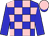 blue and pink checked, blue sleeves, pink cap, blue peak