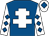 Royal blue, white cross of lorraine, white sleeves, royal blue diamonds, white cap, royal blue diamond