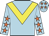 Light Blue, Yellow chevron, Light Blue sleeves, orange stars, Light Blue cap, orange stars