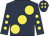 Dark blue, large yellow spots, yellow spots on sleeves, dark blue cap, yellow spots