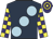 Dark blue, large light blue spots, purple & yellow check sleeves, purple & yellow hooped cap